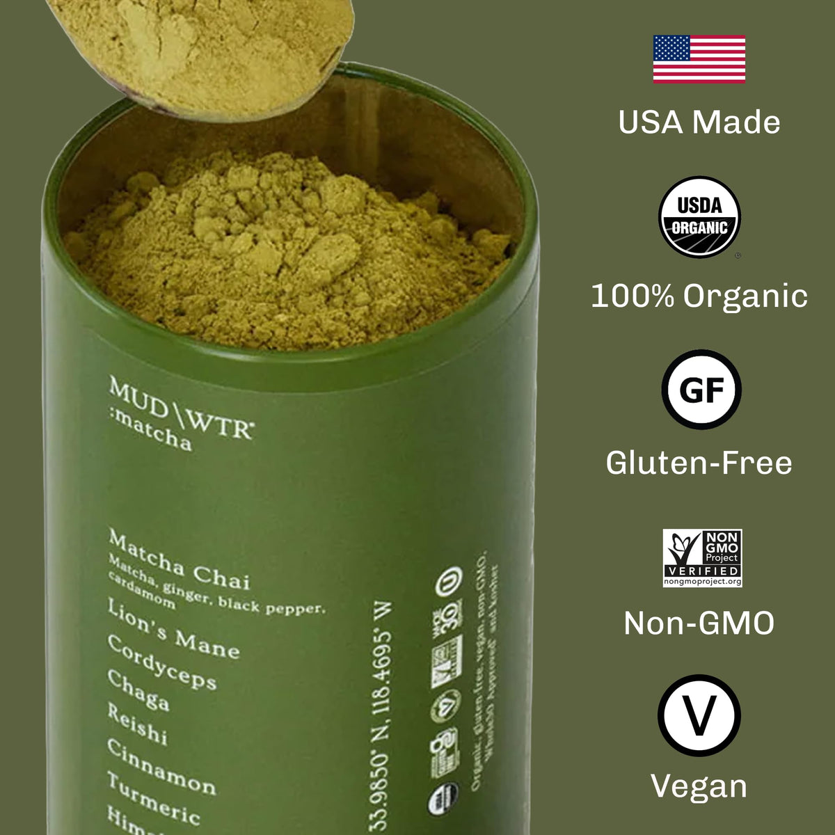 MUDWTR Mushroom Matcha Powder | 3,000mg Adaptogenic Mushrooms | USDA Organic Japanese Matcha | 30 Servings