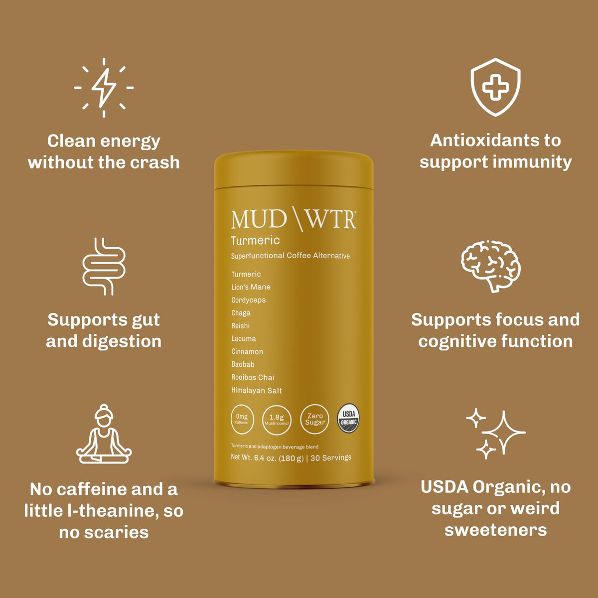 MUD/WTR Turmeric Decaf Mushroom Drink – Zero Caffeine, USDA Organic, USA-Grown Mushrooms (30 Servings)