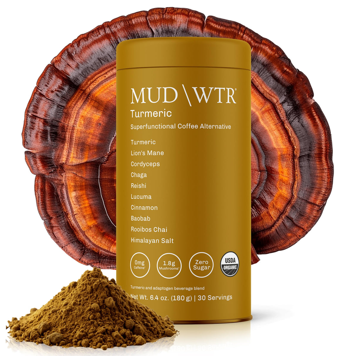 MUD/WTR Turmeric Decaf Mushroom Drink – Zero Caffeine, USDA Organic, USA-Grown Mushrooms (30 Servings)