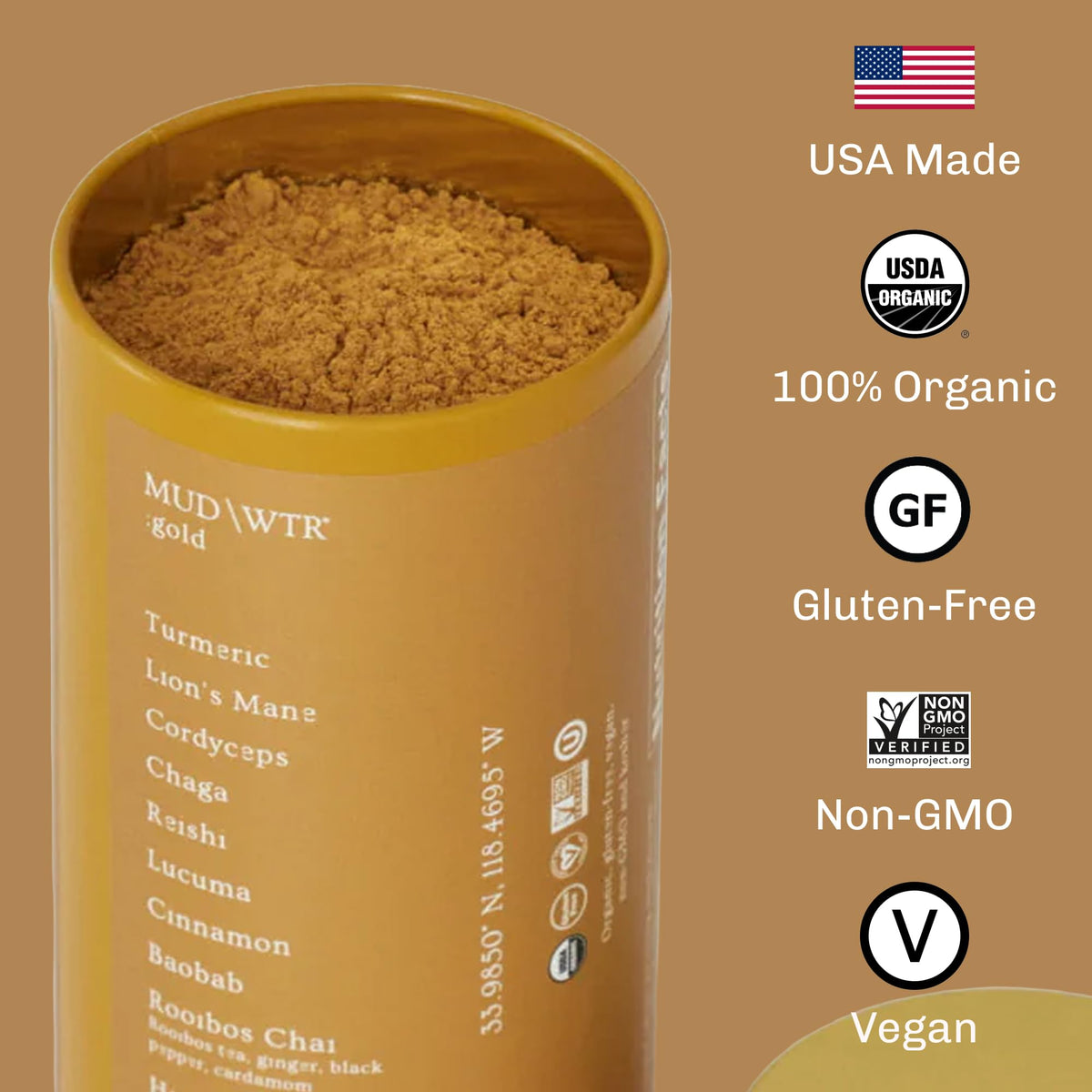 MUD/WTR Turmeric Decaf Mushroom Drink – Zero Caffeine, USDA Organic, USA-Grown Mushrooms (30 Servings)