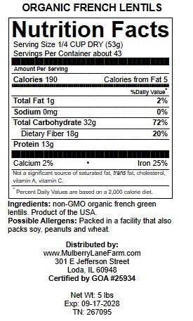 Mulberry Lane Farms French Green Lentils – 5 lb Petite, Organic, Non-GMO, USA Product