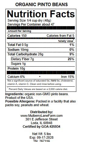 Mulberry Lane Farms Pinto Beans - 5 lbs Organic, Non-GMO, USA