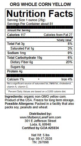 Mulberry Lane Farms Whole Yellow Corn – 5 lb, USDA Organic, Non-GMO, Product of USA