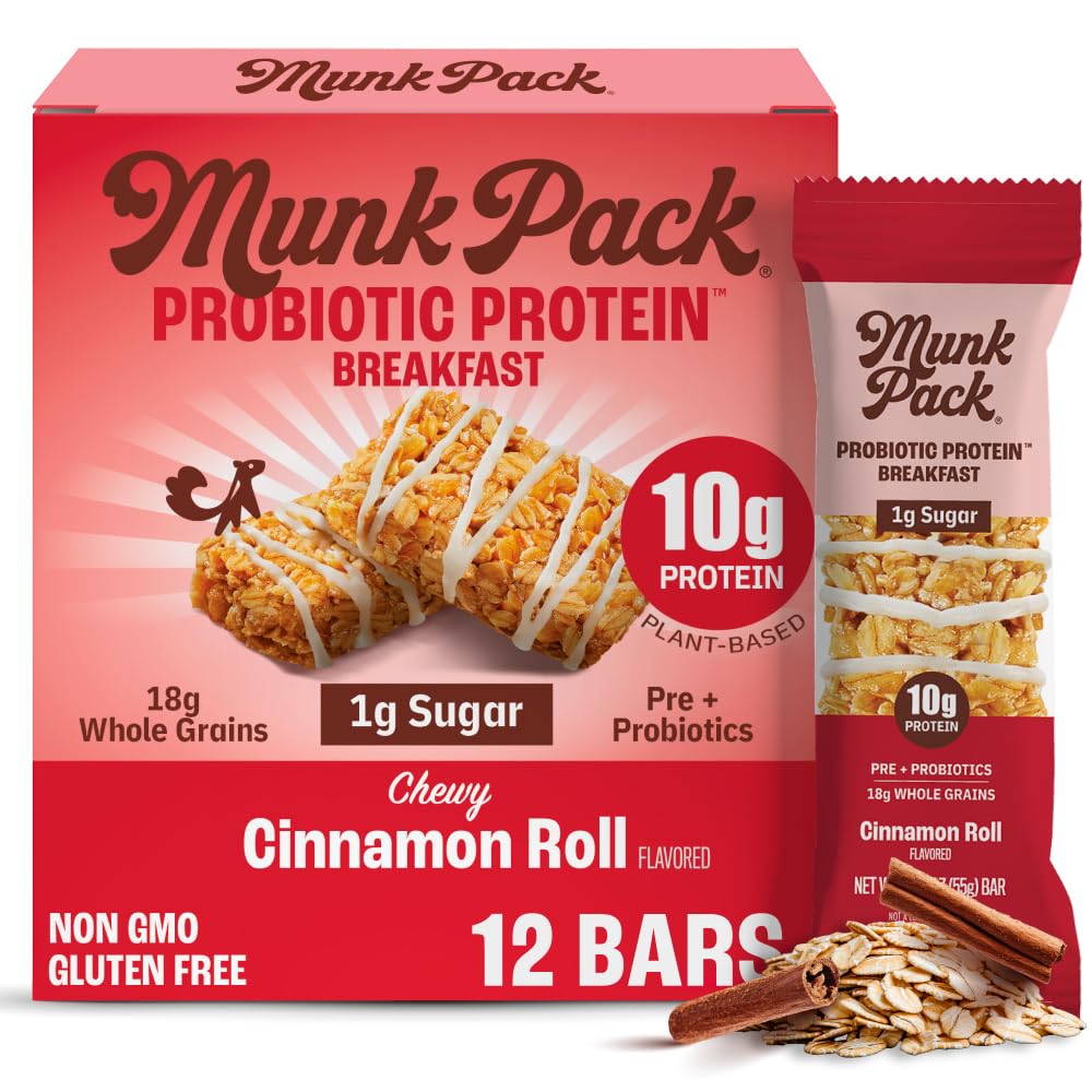 Munk Pack Cinnamon Roll Probiotic Bars - 10g Plant Protein, 1g Sugar, 6g Fiber | Gluten-Free, Non-GMO, Diabetic-Friendly Breakfast On-the-Go (12 Count)