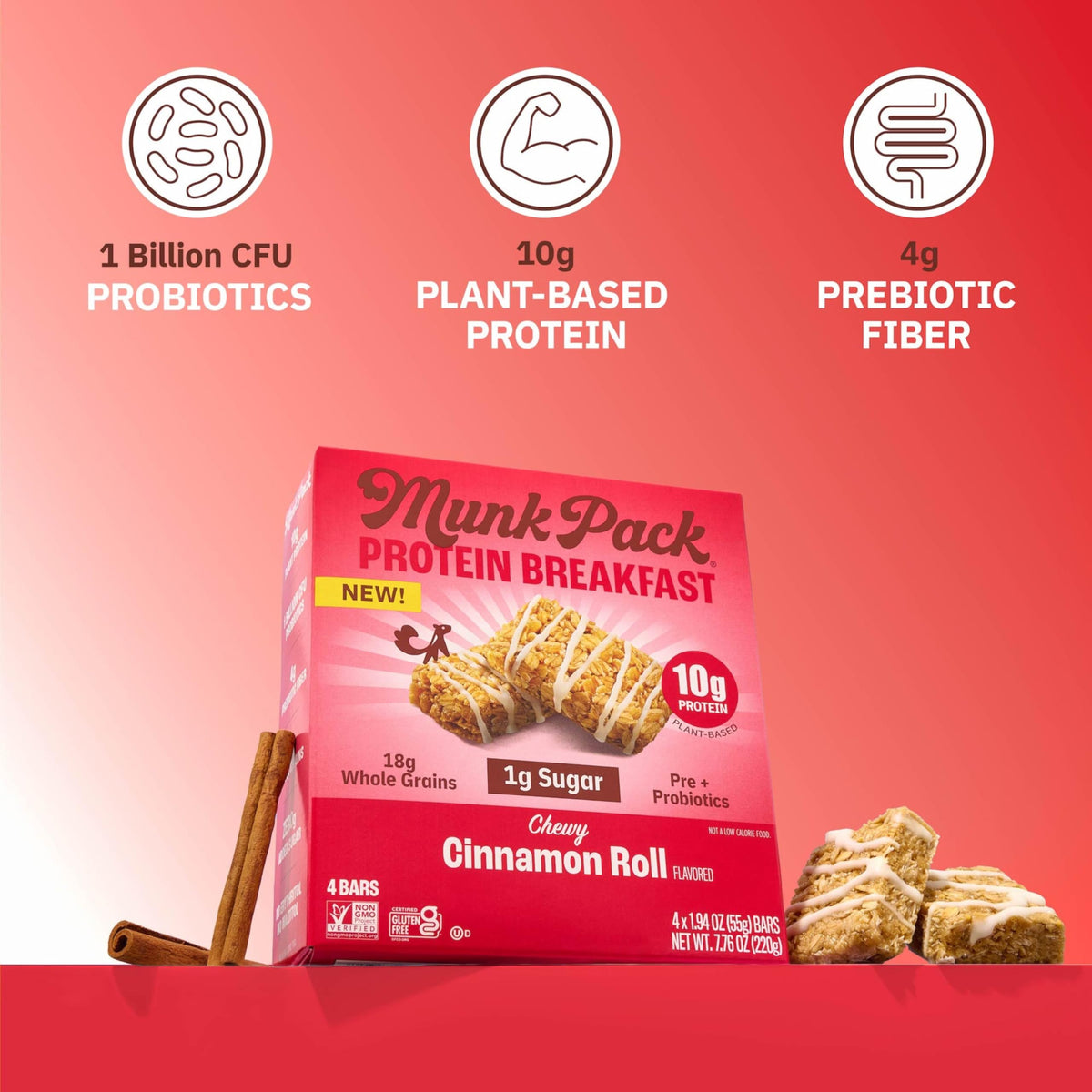 Munk Pack Cinnamon Roll Probiotic Bars - 10g Plant Protein, 1g Sugar, 6g Fiber | Gluten-Free, Non-GMO, Diabetic-Friendly Breakfast On-the-Go (12 Count)