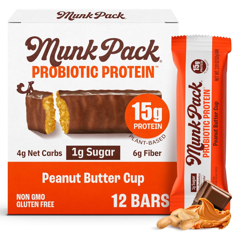 Munk Pack Peanut Butter Cup Probiotic Keto Protein Bars – 15g Protein, 4g Net Carbs, 1g Sugar | Gluten-Free