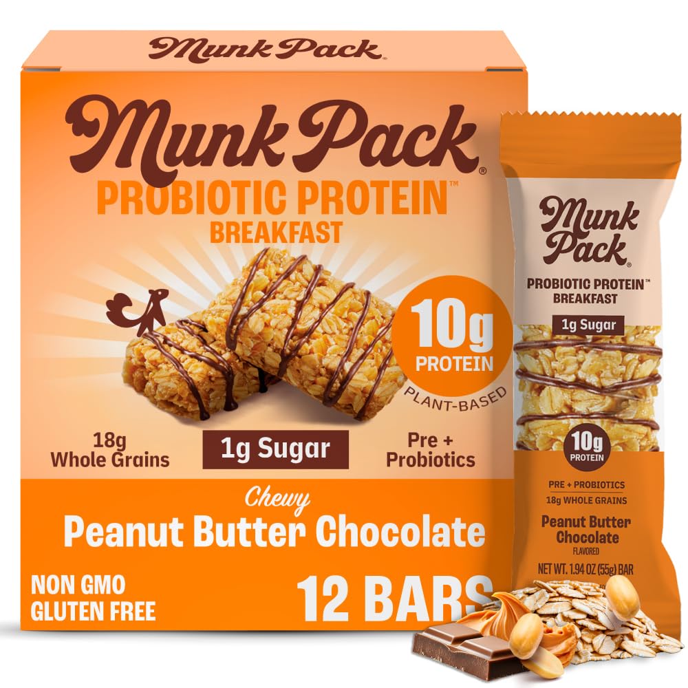 Munk Pack Peanut Butter Probiotic Protein Bars – 10g Plant Protein, 1g Sugar, 6g Fiber | Gluten-Free, Non-GMO Breakfast Bars (12 Count)