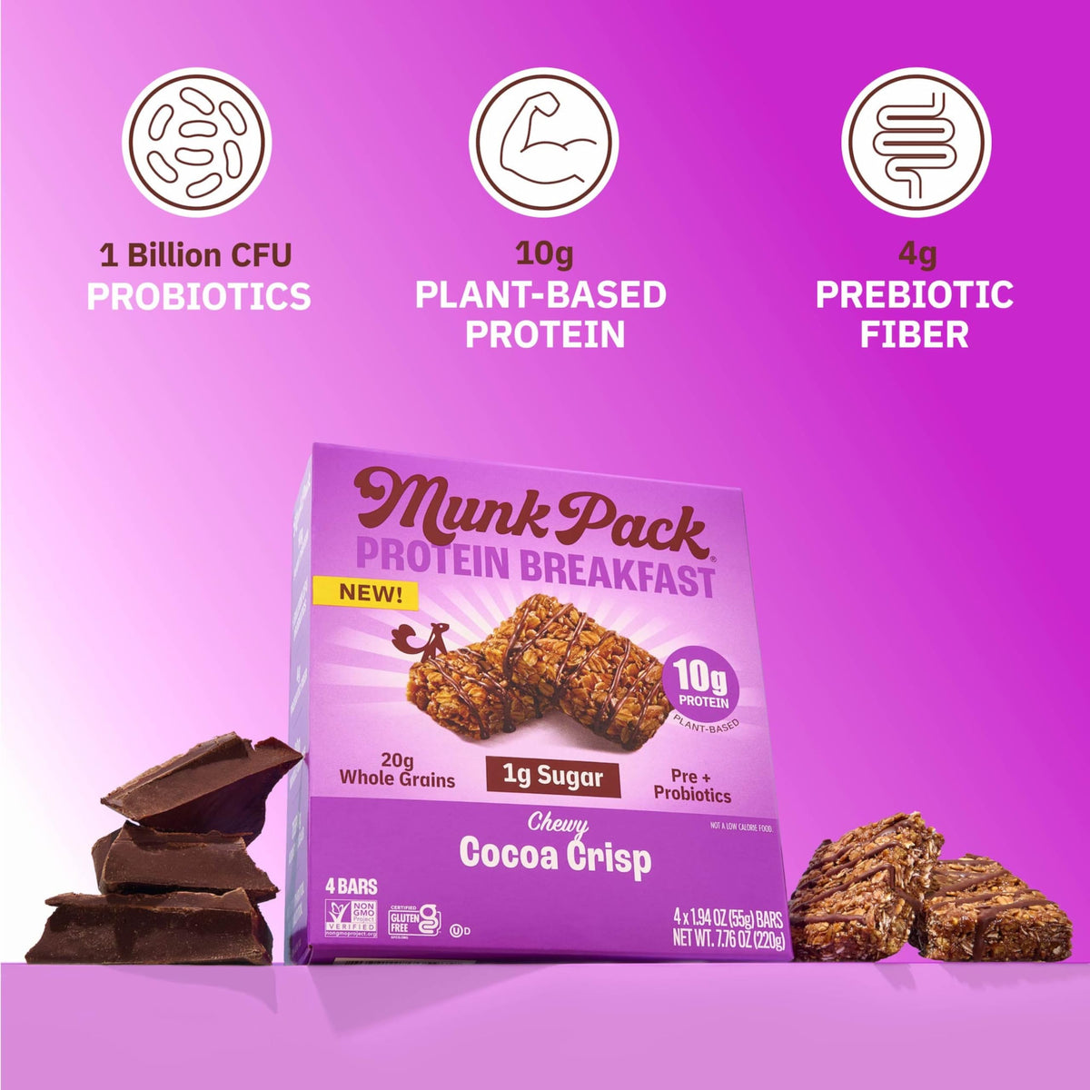 Munk Pack Probiotic Protein Bars - Cocoa Crisp | 10g Plant Protein, 1g Sugar, 6g Fiber | Gluten-Free, Non-GMO On-The-Go Breakfast Bars - 12 Count