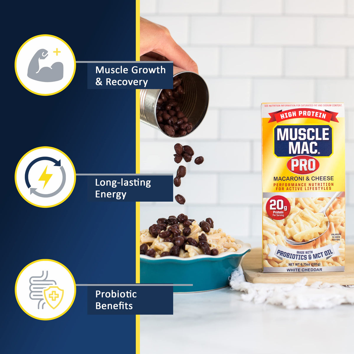 MUSCLE MAC Macaroni & Cheese with Probiotics & MCT Oil — 20g Protein per Serving (10 Pack)