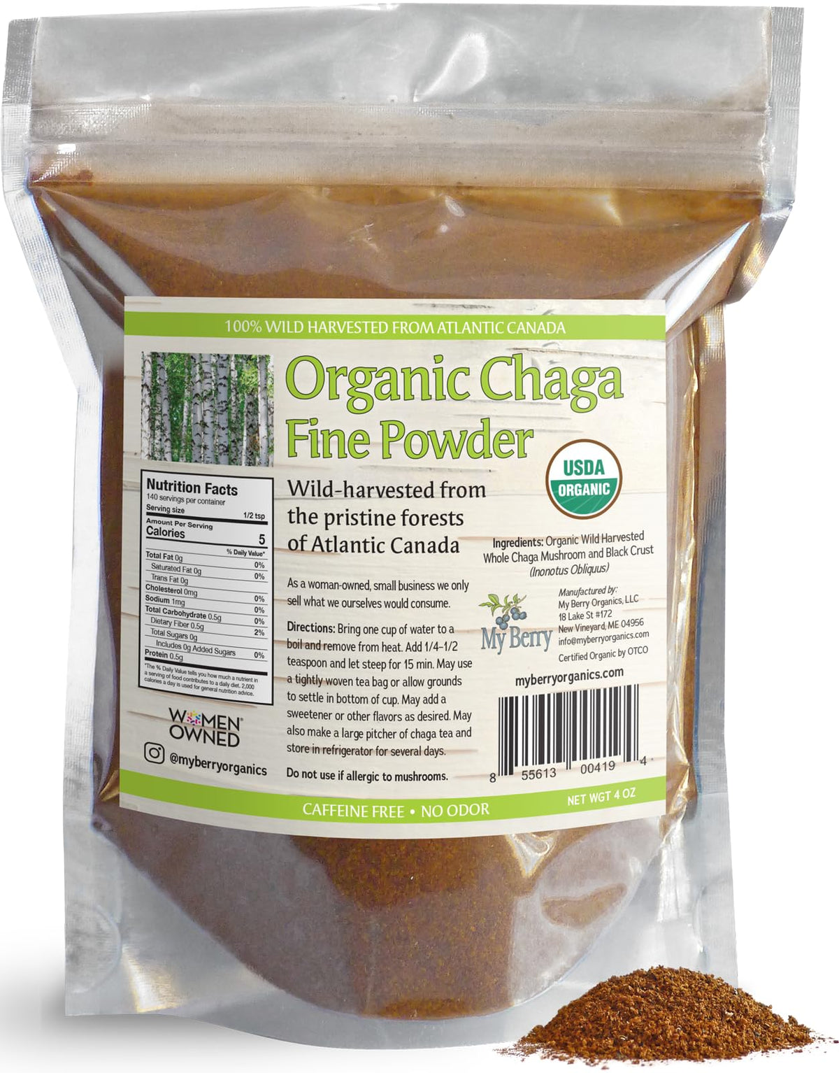 My Berry Organic Chaga Fine Powder — Wild-Harvested from Atlantic Canada (4 oz) | Caffeine-Free