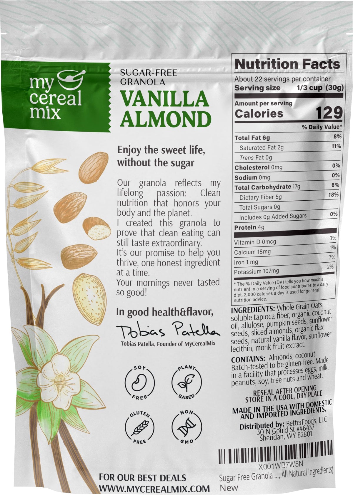 MyCerealMix Sugar Free Granola Vanilla Almond 24oz – Keto Friendly, High Fiber, Gluten Free