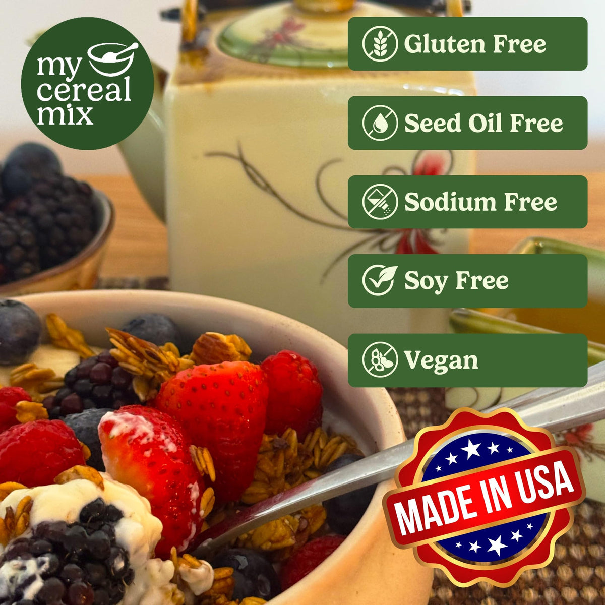 MyCerealMix Sugar Free Granola Vanilla Almond 24oz – Keto Friendly, High Fiber, Gluten Free