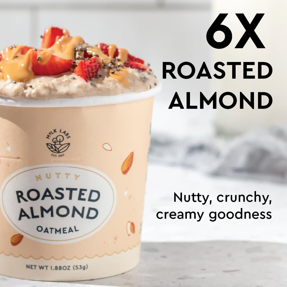 MYLK LABS Roasted Almond Protein Oatmeal Cups – High Fiber, Low Sugar, Gluten Free & Vegan (6 Pack)