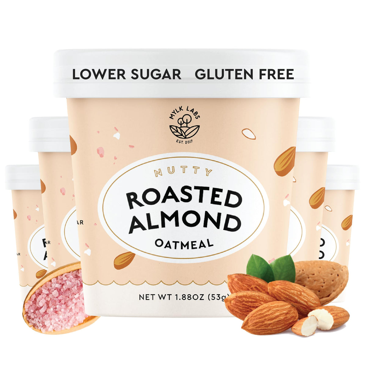MYLK LABS Roasted Almond Protein Oatmeal Cups – High Fiber, Low Sugar, Gluten Free & Vegan (6 Pack)