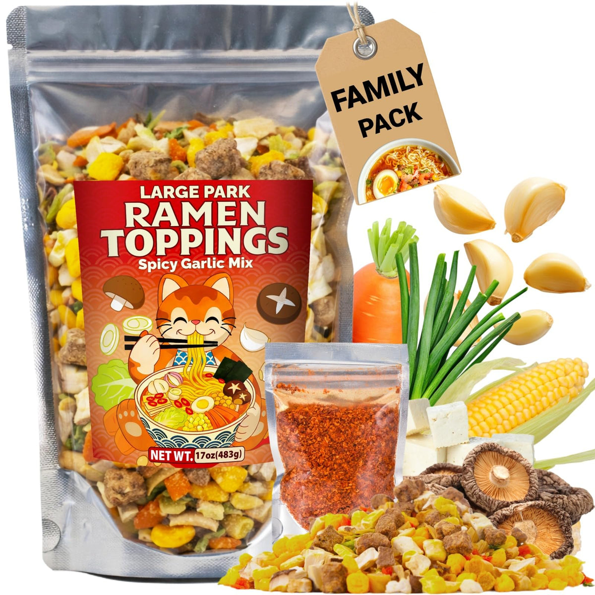 Nahasahr 17oz Dried Ramen Toppings Bulk Pack — Spicy Garlic Flavor, 11-Ingredient Dehydrated Veggie Mix for Ramen, Soup & Fried Rice | Ready in 3–5 Minutes