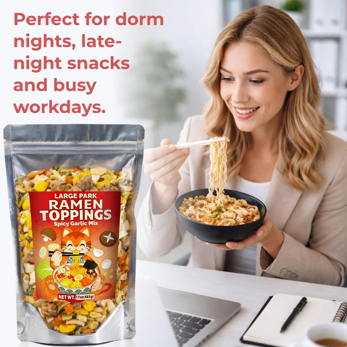 Nahasahr 17oz Dried Ramen Toppings Bulk Pack — Spicy Garlic Flavor, 11-Ingredient Dehydrated Veggie Mix for Ramen, Soup & Fried Rice | Ready in 3–5 Minutes