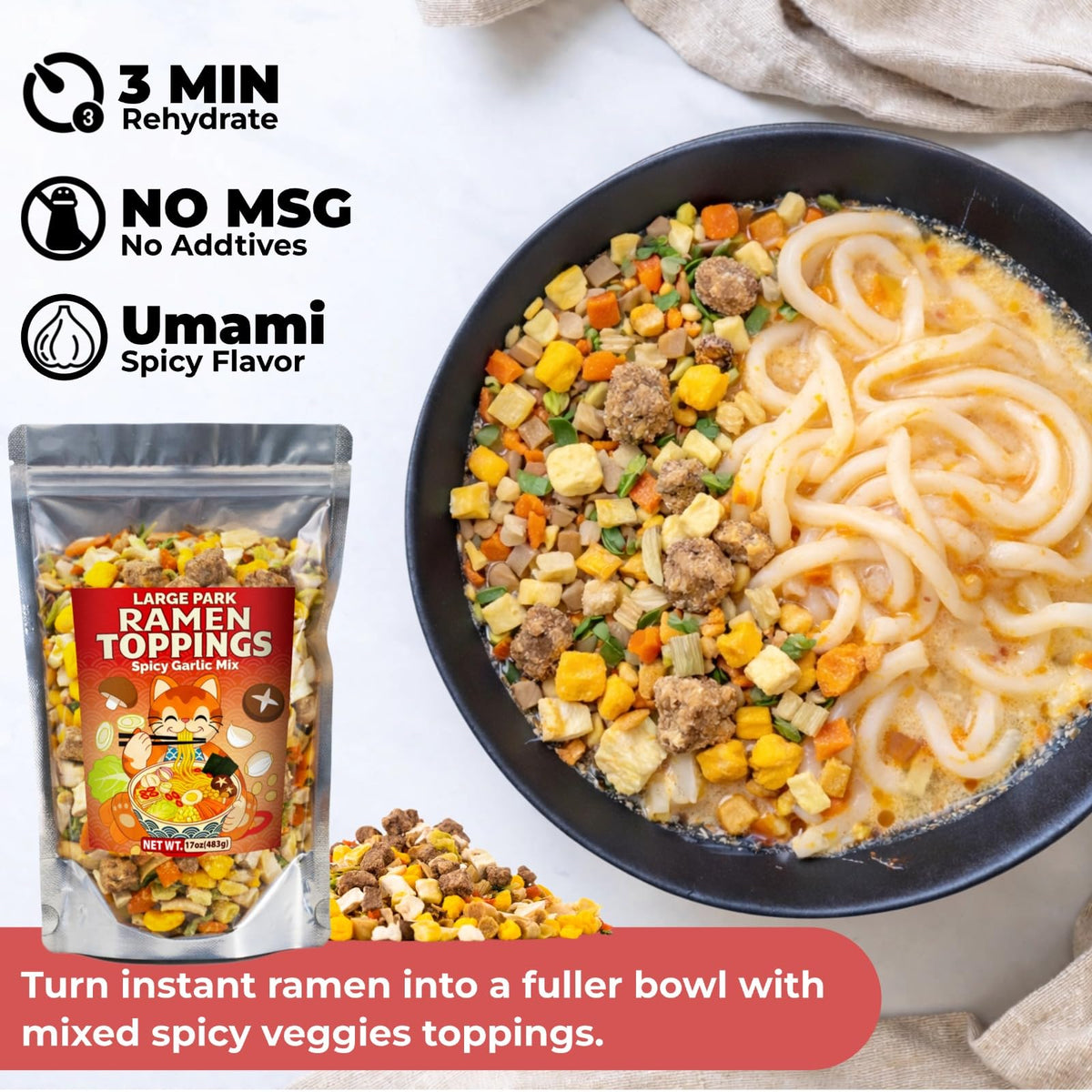 Nahasahr 17oz Dried Ramen Toppings Bulk Pack — Spicy Garlic Flavor, 11-Ingredient Dehydrated Veggie Mix for Ramen, Soup & Fried Rice | Ready in 3–5 Minutes