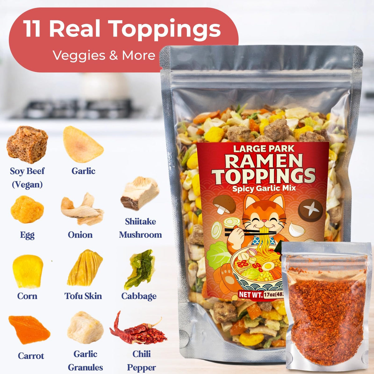 Nahasahr 17oz Dried Ramen Toppings Bulk Pack — Spicy Garlic Flavor, 11-Ingredient Dehydrated Veggie Mix for Ramen, Soup & Fried Rice | Ready in 3–5 Minutes