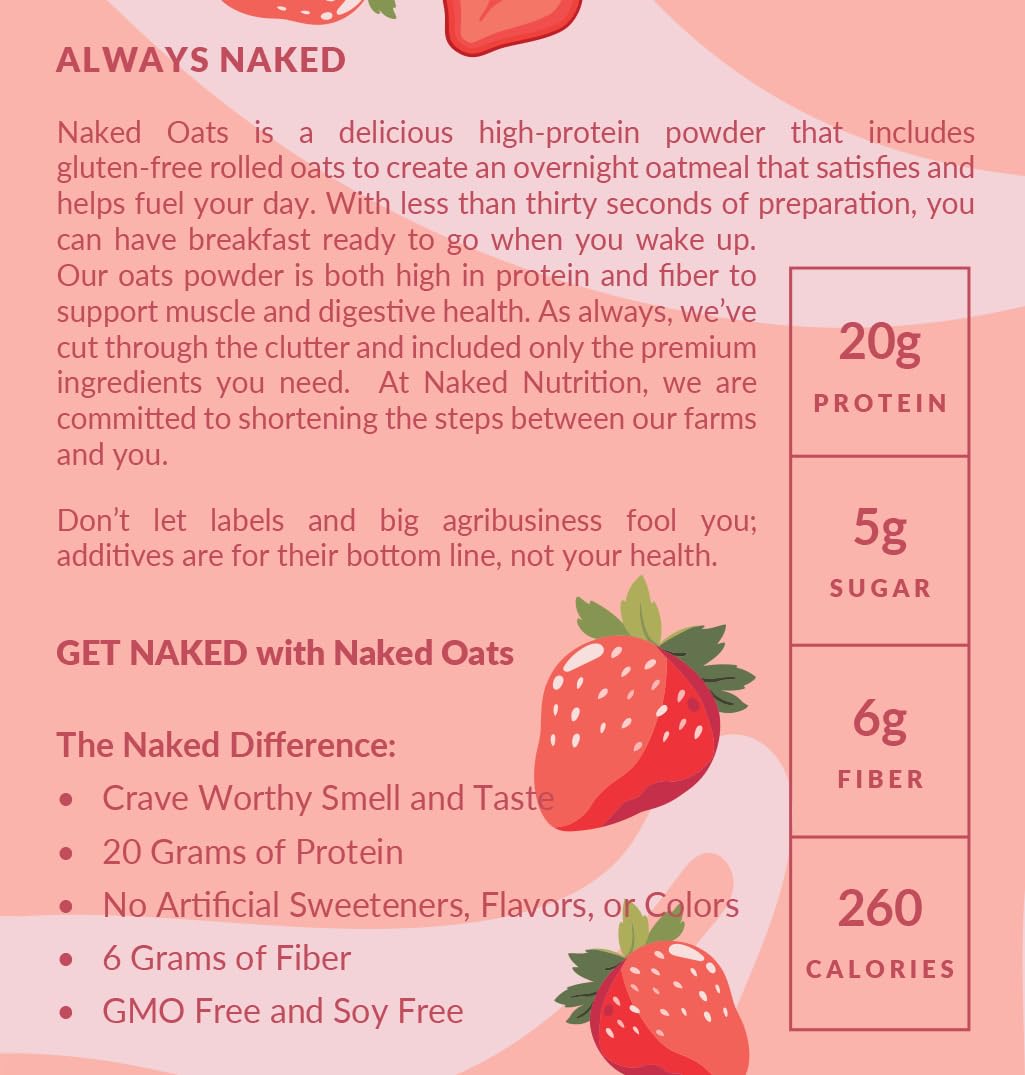 NAKED Oats Strawberry Cream Overnight Oats – 20g Grass-Fed Protein, Gluten-Free, Non-GMO, No Soy, 12 Servings