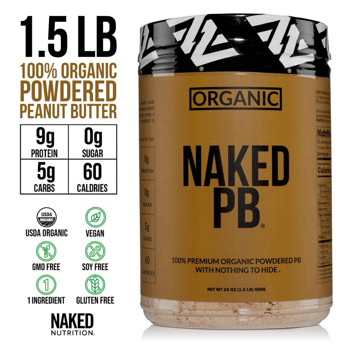 NAKED Organic Powdered Peanut Butter – 1 Ingredient, No Salt or Sugar, USA Made, 45 Servings