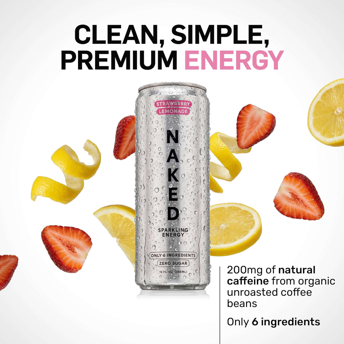 NAKED Sparkling Energy Drink – Strawberry Lemonade, 12oz Cans (12 Pack)