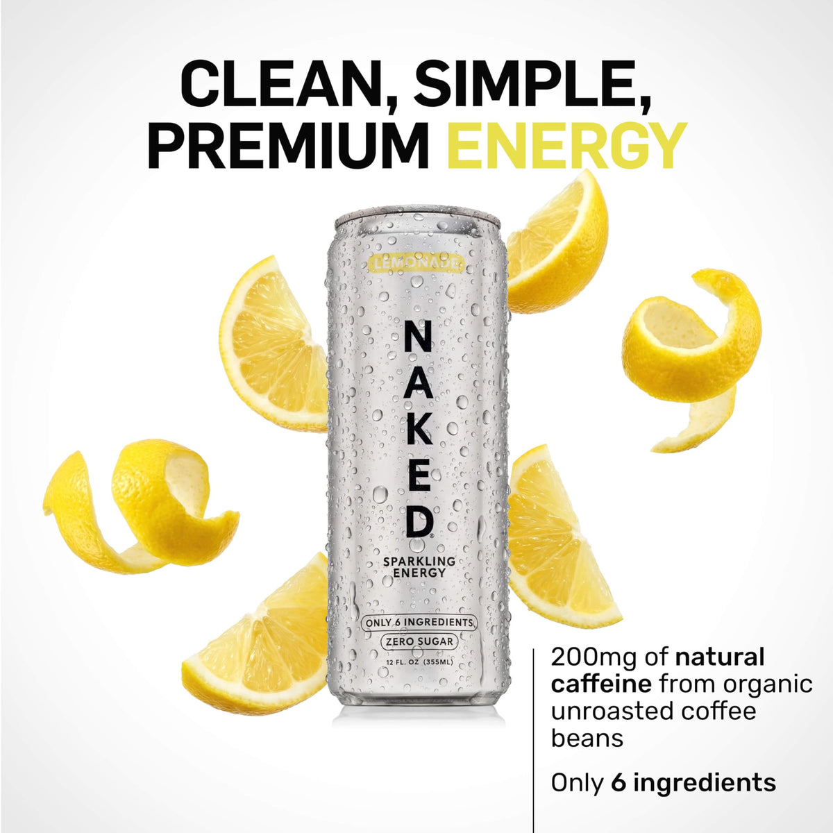 Naked Sparkling Energy Drink Lemonade – Organic Caffeine, Zero Sugar, 12oz Cans (Pack of 12)