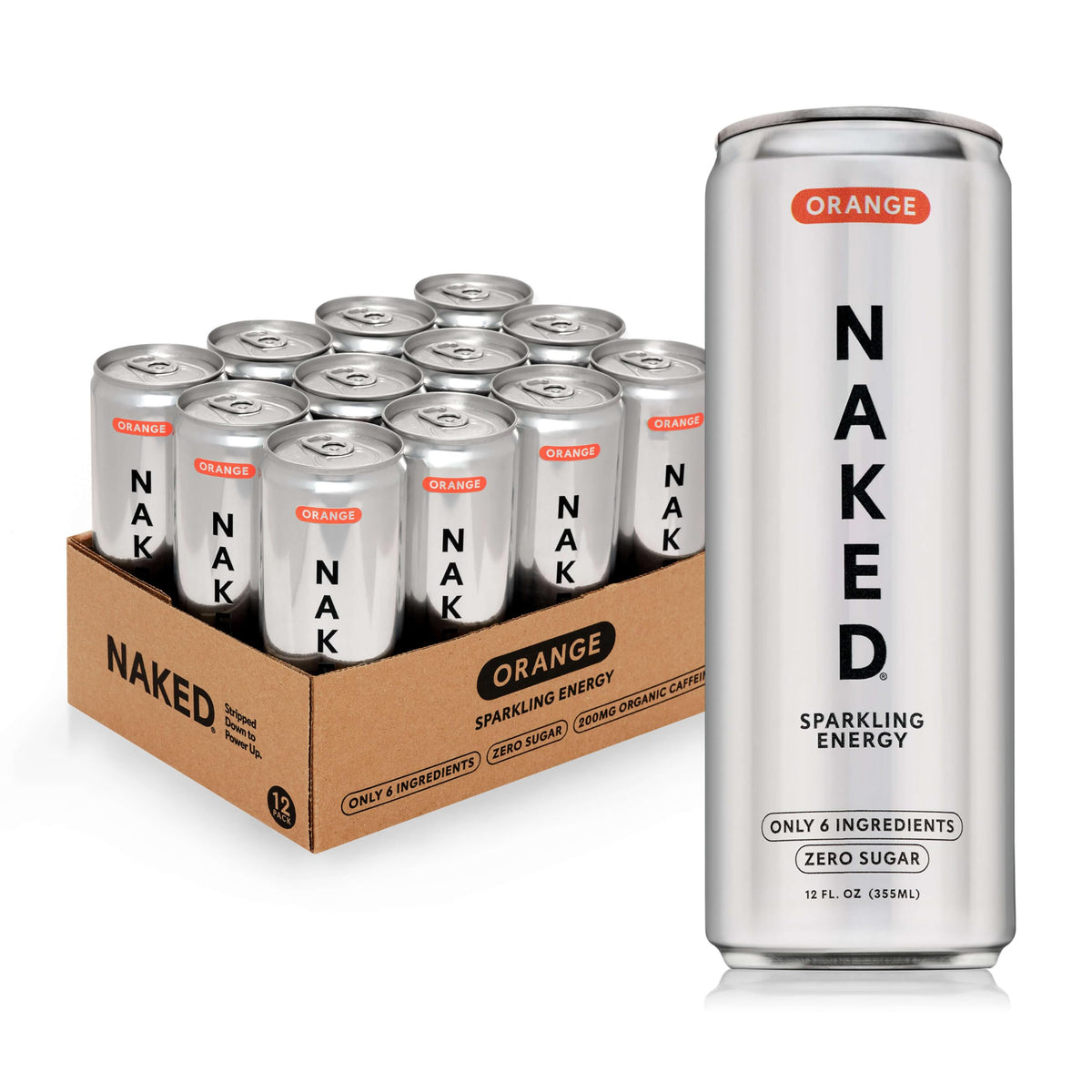 NAKED Sparkling Energy Drink Orange – Organic Caffeine, Zero Sugar, Natural Lemon, 12oz Cans (Pack of 12) | Vegan, Gluten-Free, Non-GMO