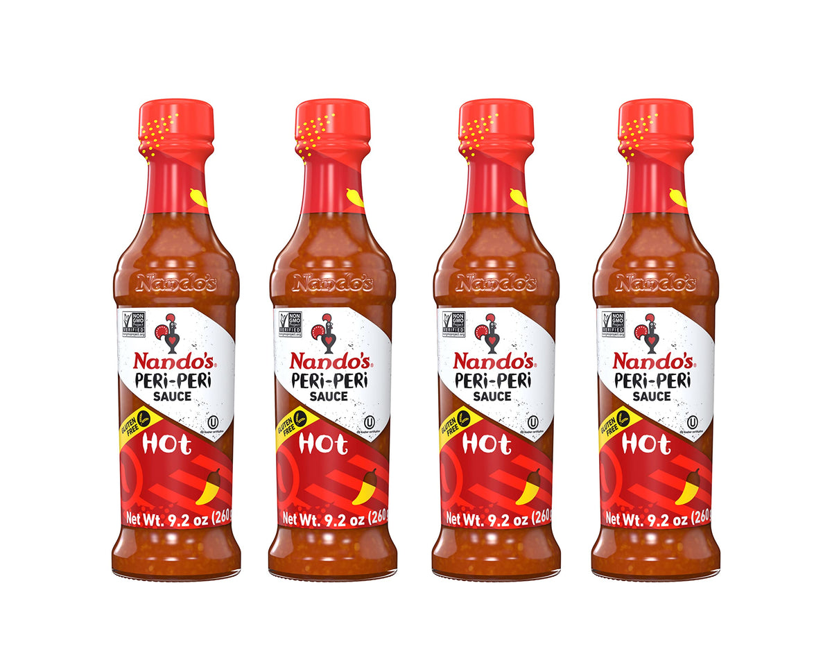 Nando's Hot PERi-PERi Sauce - Fiery Garlic & Herb Heat - Gluten Free, Non-GMO, Kosher - 9.1 oz Bottle (4 Pack)