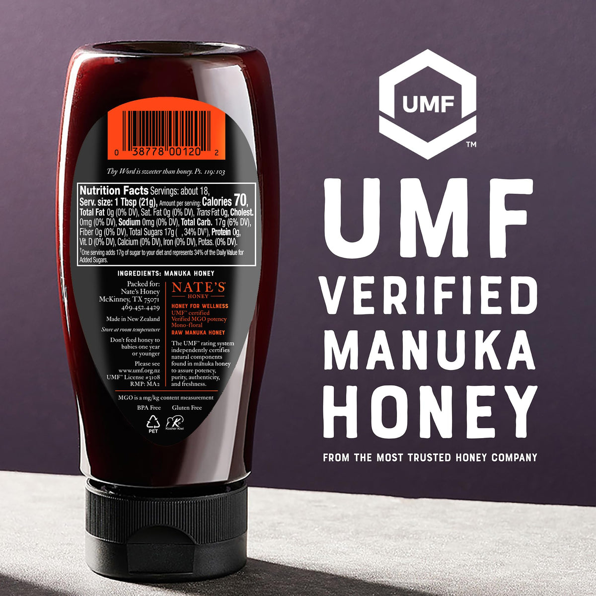Nate's Raw Manuka Honey New Zealand MGO 83+ | UMF Certified 5+ | 13.2 oz Squeeze Bottle