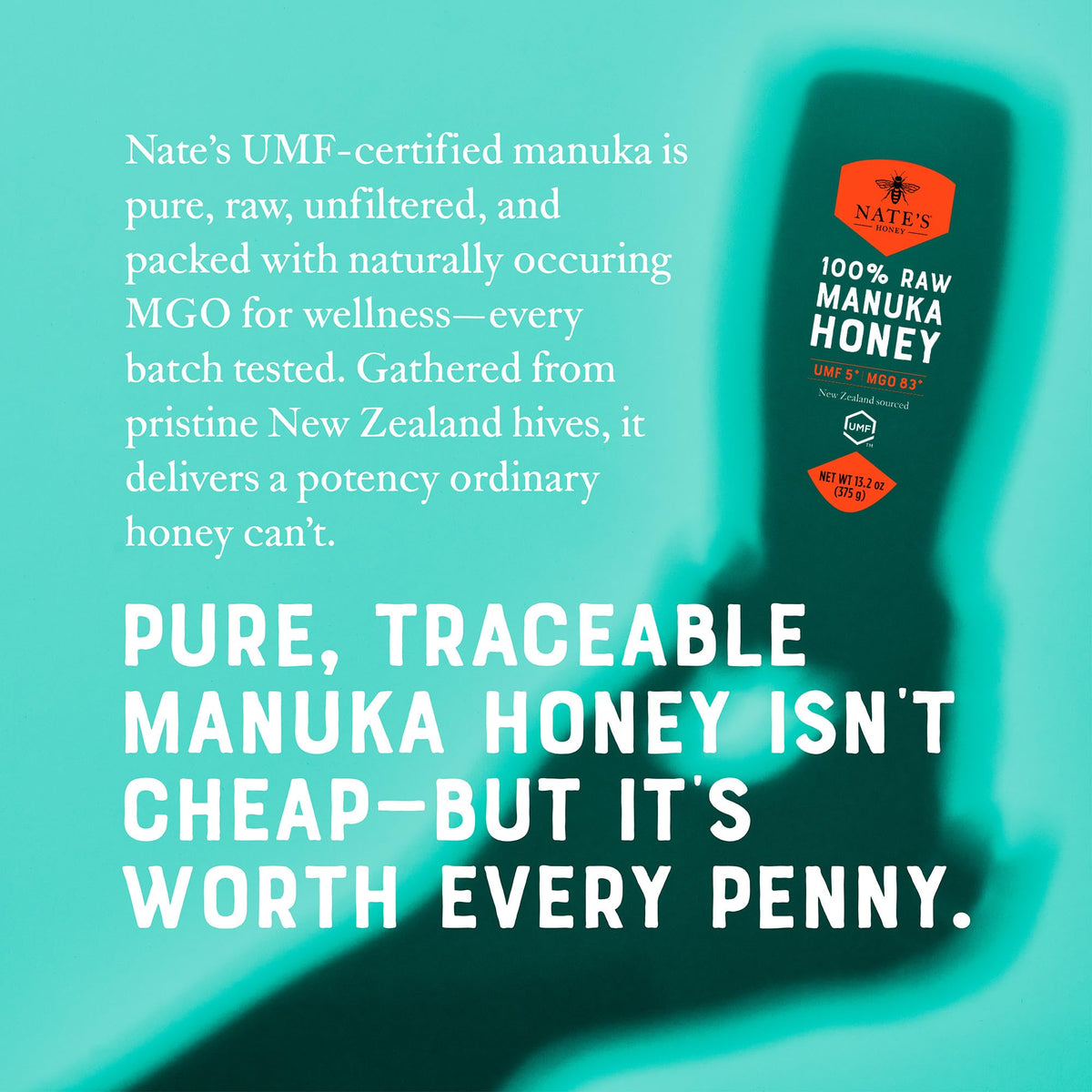 Nate's Raw Manuka Honey New Zealand MGO 83+ | UMF Certified 5+ | 13.2 oz Squeeze Bottle
