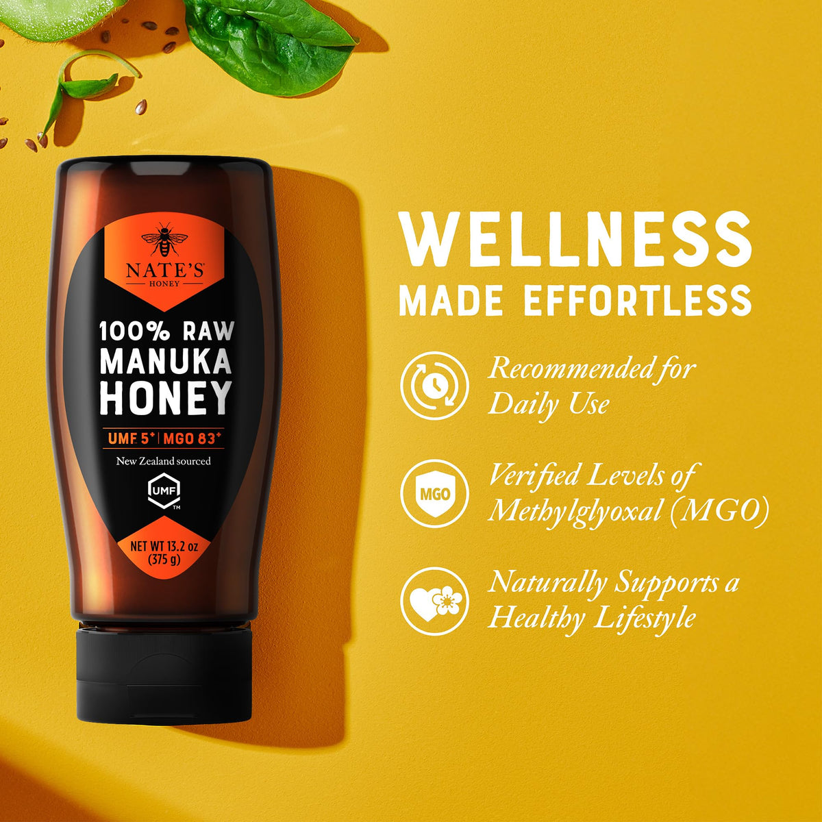 Nate's Raw Manuka Honey New Zealand MGO 83+ | UMF Certified 5+ | 13.2 oz Squeeze Bottle