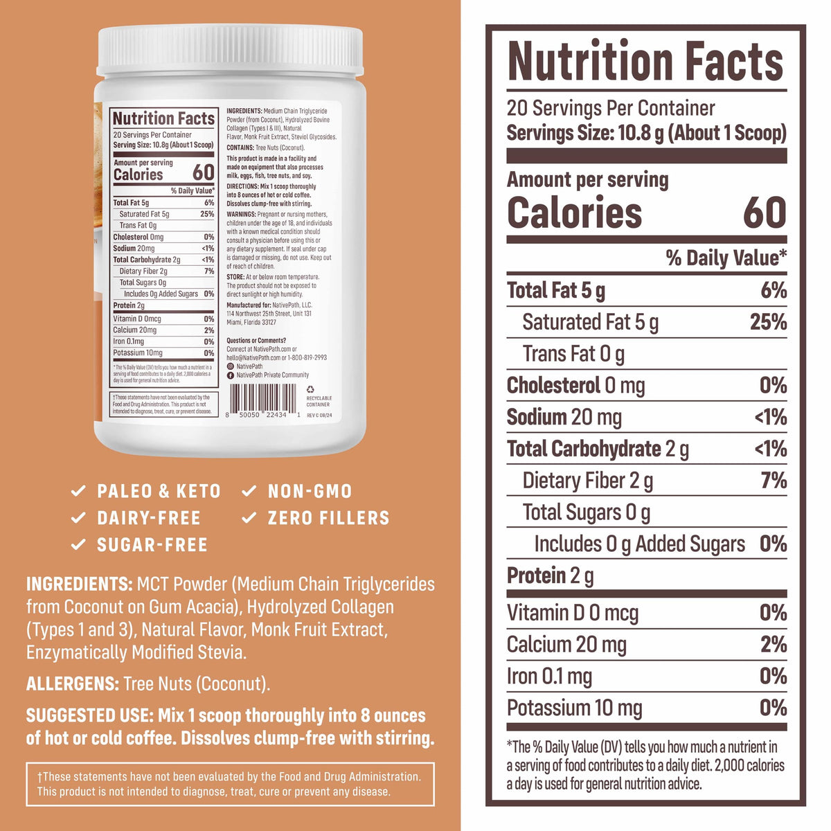 NativePath Keto Coffee Creamer Powder Hazelnut — Non-Dairy, Low Sugar