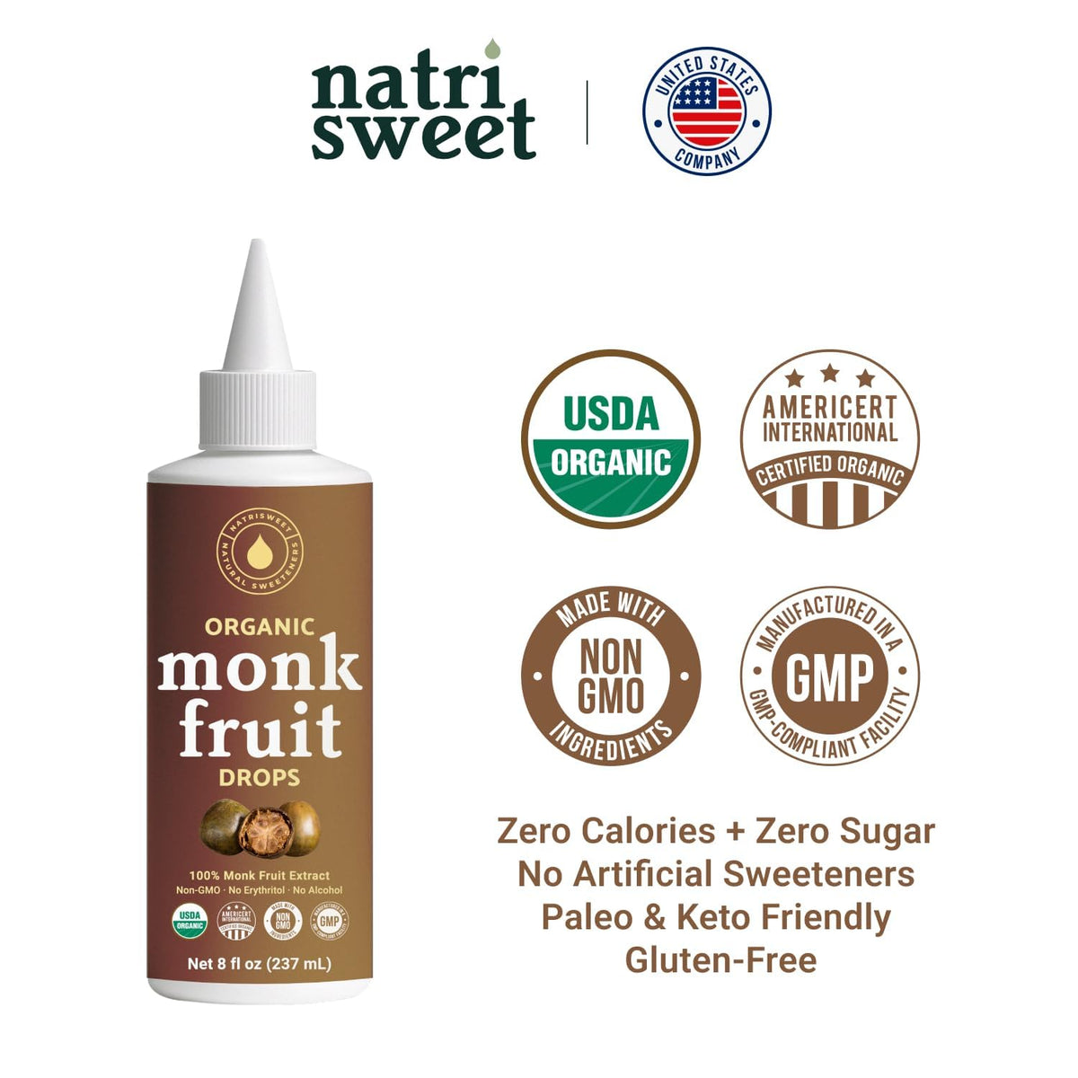 NatriSweet Organic Monk Fruit Drops – 0 Sugar, 0 Cal, No Erythritol, Original Flavor (8 oz)