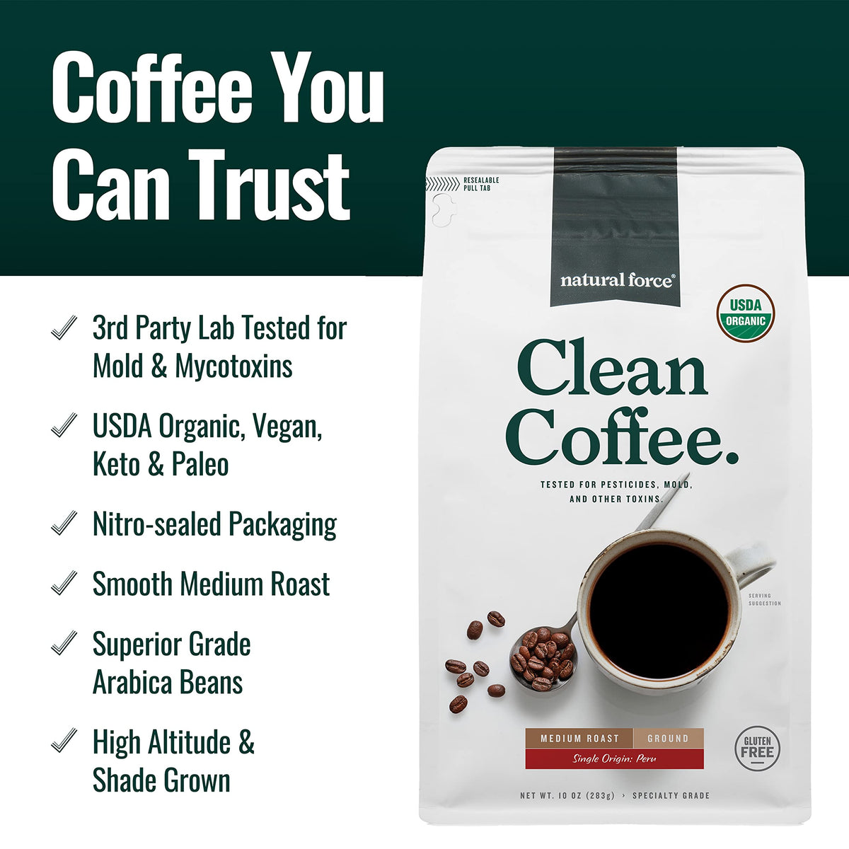 Natural Force Organic Mold Free Coffee – Low Acidity, High CGA, Ground Medium Roast, 10 oz