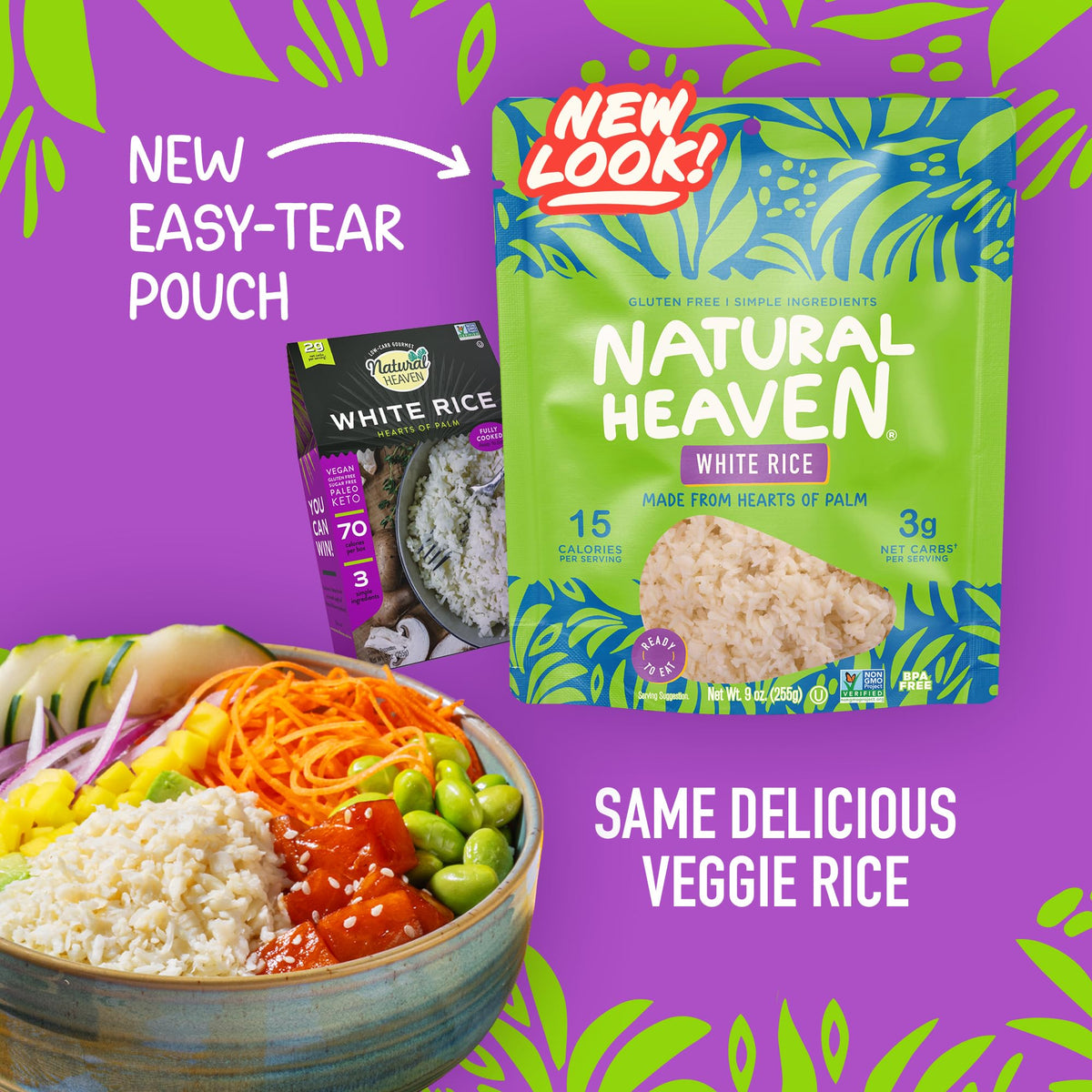 Natural Heaven White Rice with Hearts of Palm – 6-Pack, Low-Calorie Veggie Rice, Keto & Gluten-Free, Vegan