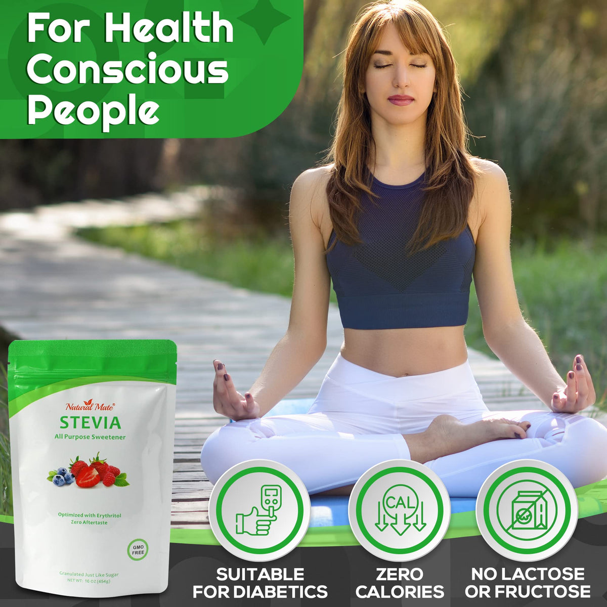 Natural Mate Zero Calorie Stevia Granular Sweetener — 2:1 Sugar Replacement, Keto & Low GI (3lb)