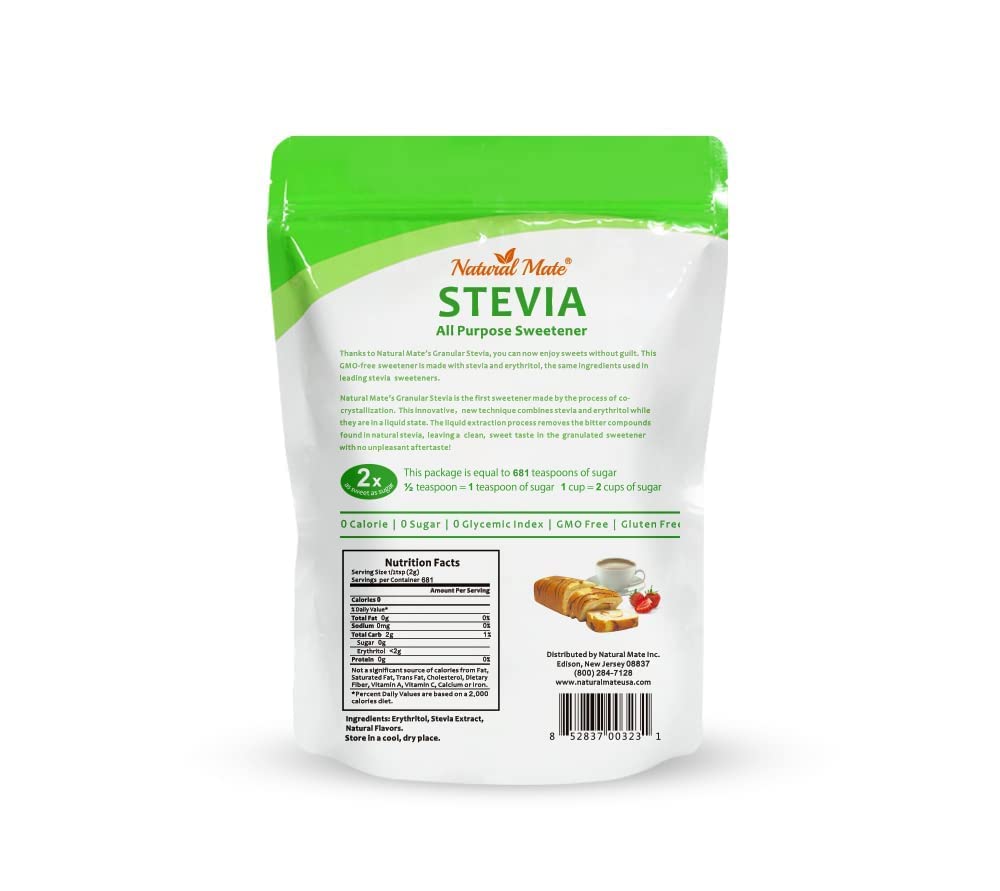 Natural Mate Zero Calorie Stevia Granular Sweetener — 2:1 Sugar Replacement, Keto & Low GI (3lb)