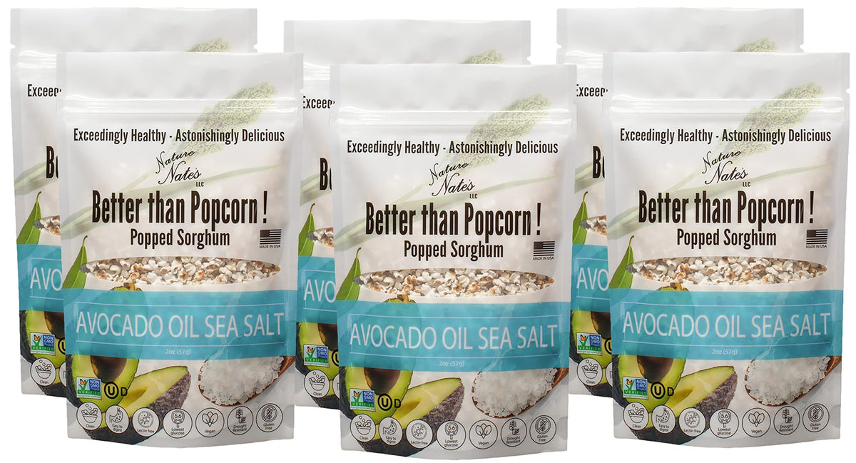 Nature Nate’s Popped Sorghum with Avocado Oil & Sea Salt – 6-Pack (2 oz Each) – Keto & Gluten-Free, Made in USA