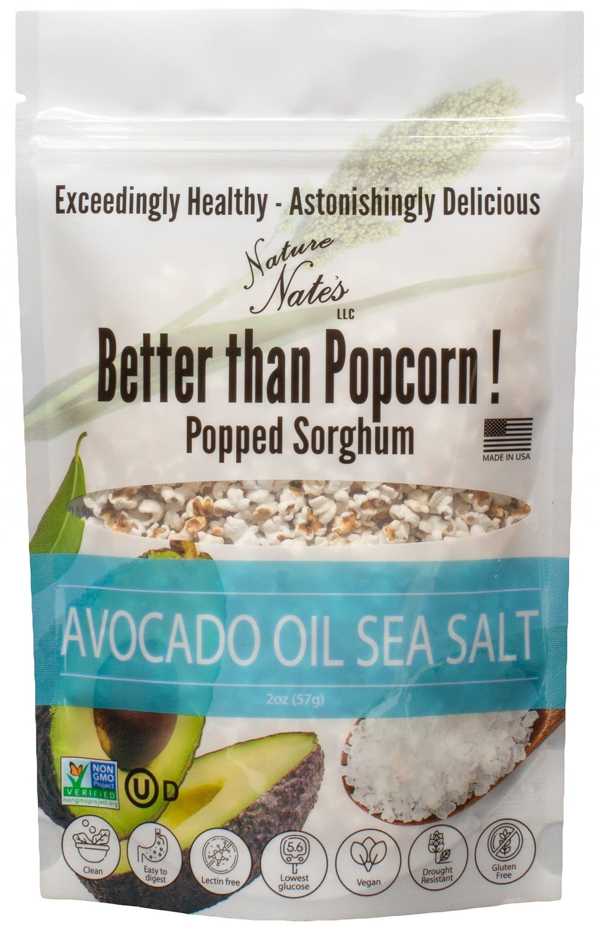 Nature Nate’s Popped Sorghum with Avocado Oil & Sea Salt – 6-Pack (2 oz Each) – Keto & Gluten-Free, Made in USA