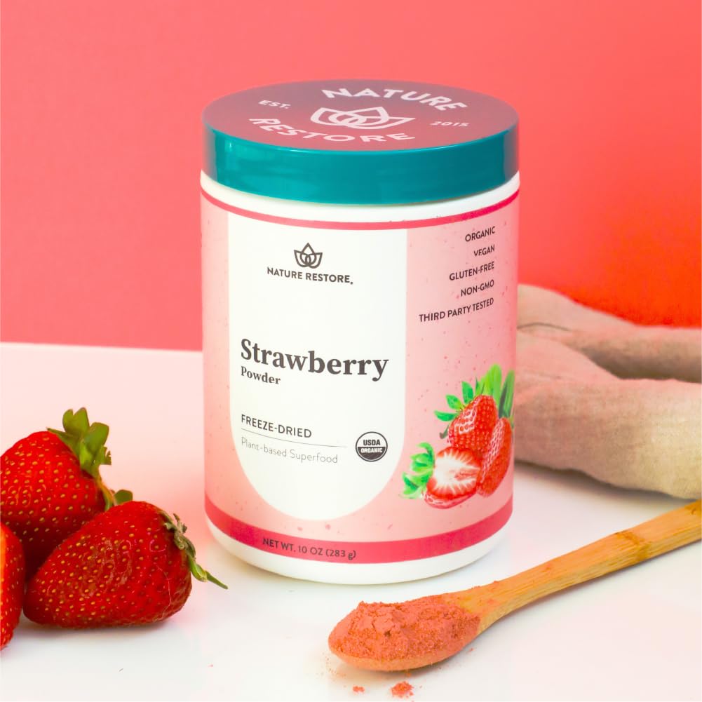 Nature Restore USDA Organic Freeze Dried Strawberry Powder – 10 oz, Non-GMO, Gluten Free, Vegan