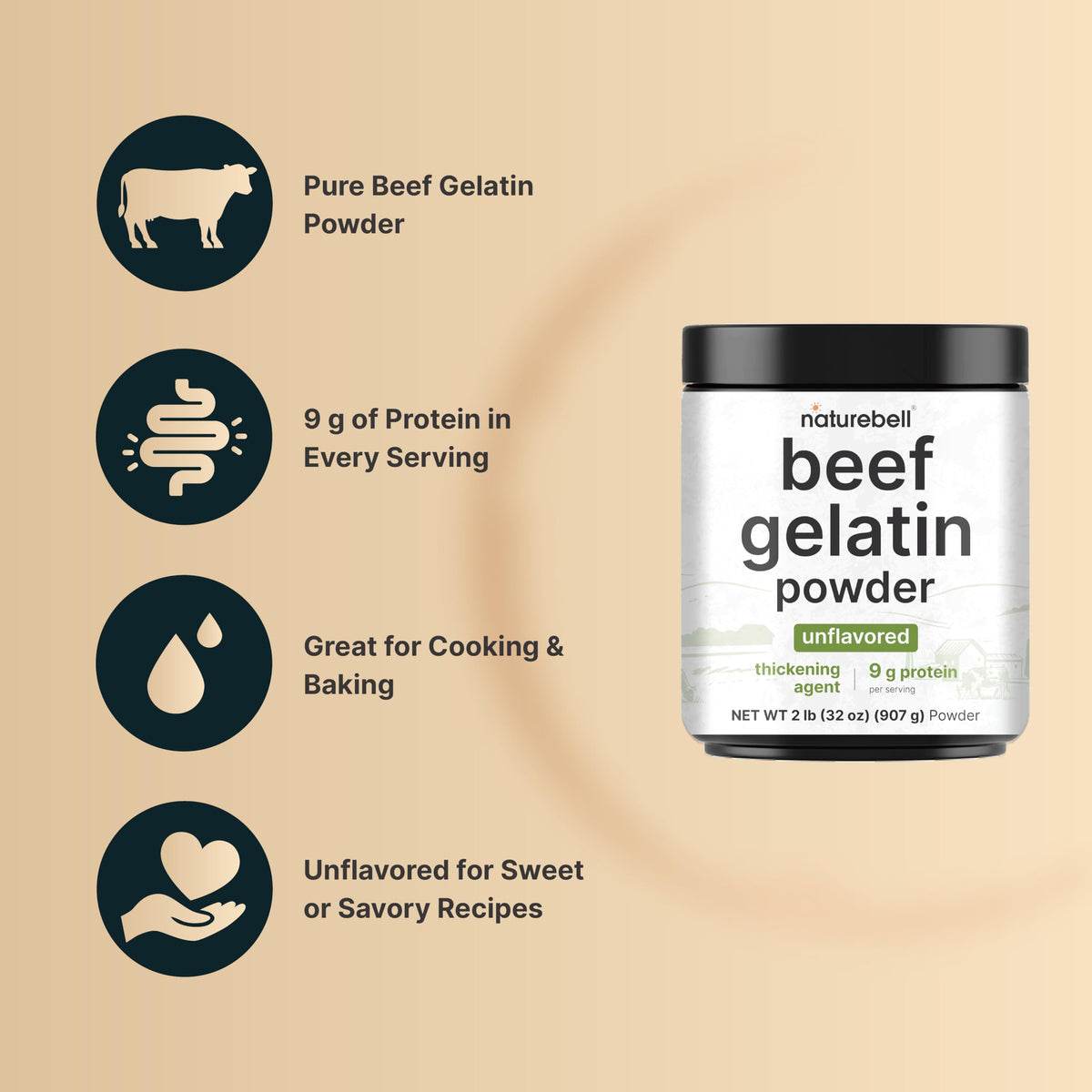 NatureBell Beef Gelatin Powder, 2 lb – Unflavored Gelatin for Cooking, Baking, Gummies & Desserts | 9g Protein Per Serving