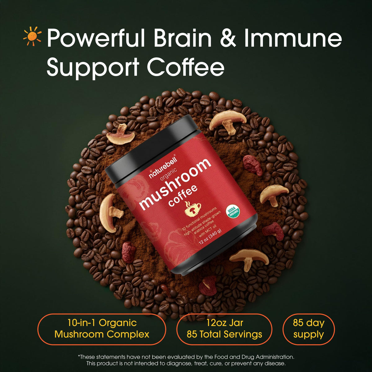 NatureBell Organic Mushroom Coffee - 12 oz Superfood Blend for Energy & Focus