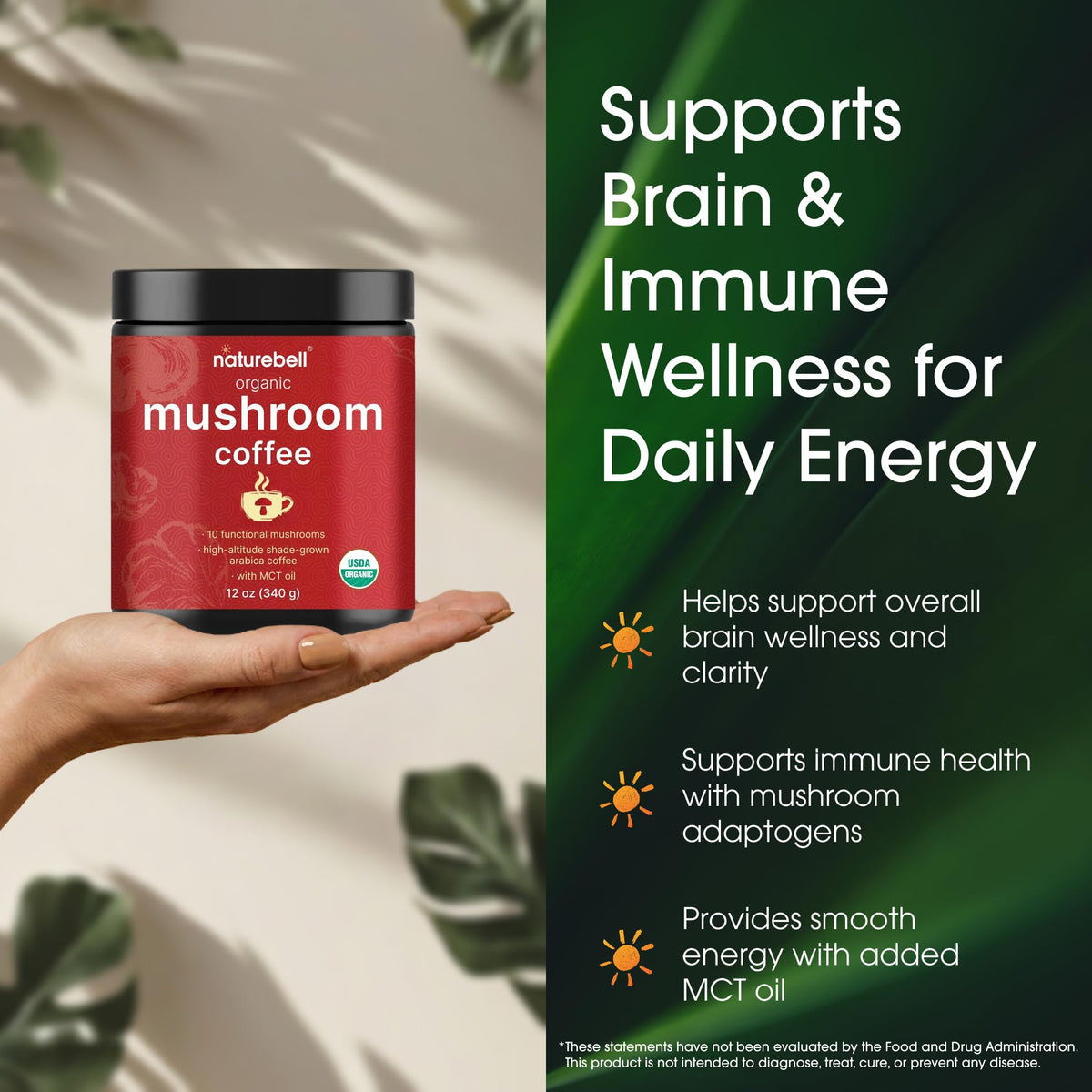 NatureBell Organic Mushroom Coffee - 12 oz Superfood Blend for Energy & Focus