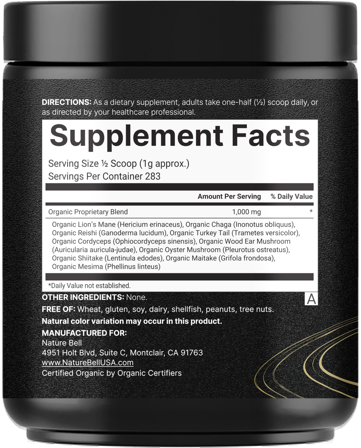 NatureBell Organic Mushroom Powder 10oz – 10-in-1 Adaptogenic Blend with Lion's Mane, Reishi & More