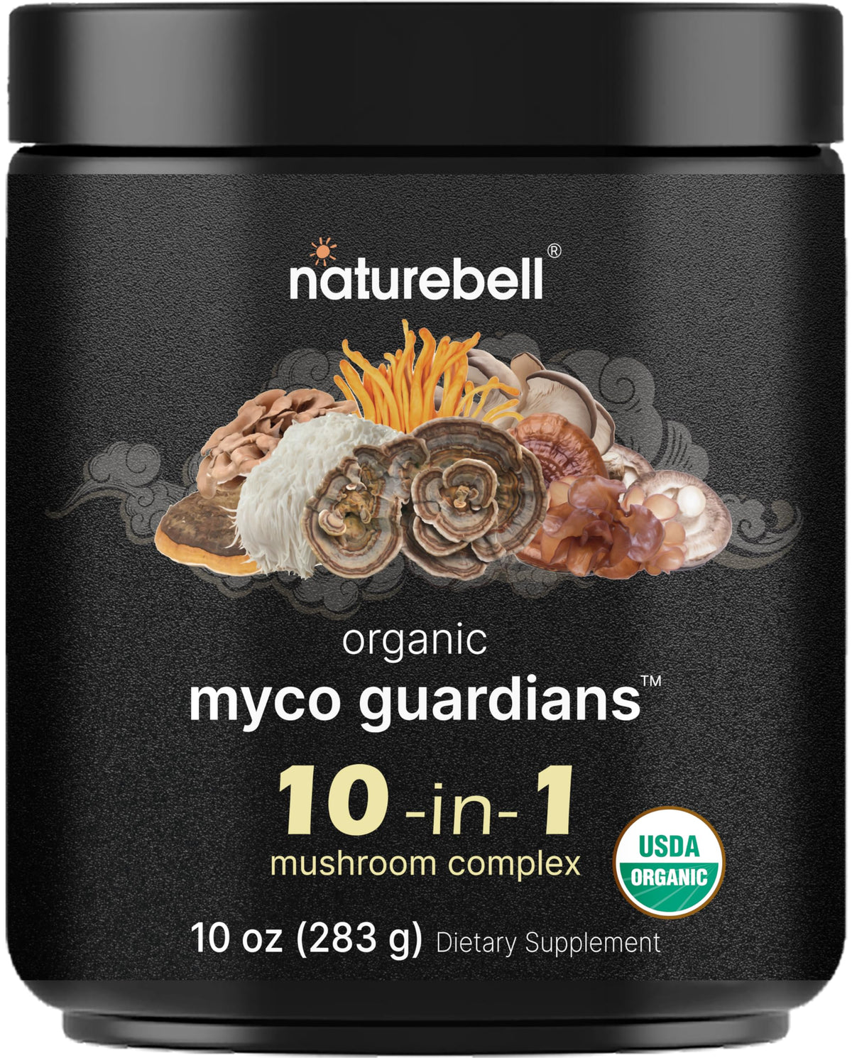 NatureBell Organic Mushroom Powder 10oz – 10-in-1 Adaptogenic Blend with Lion's Mane, Reishi & More