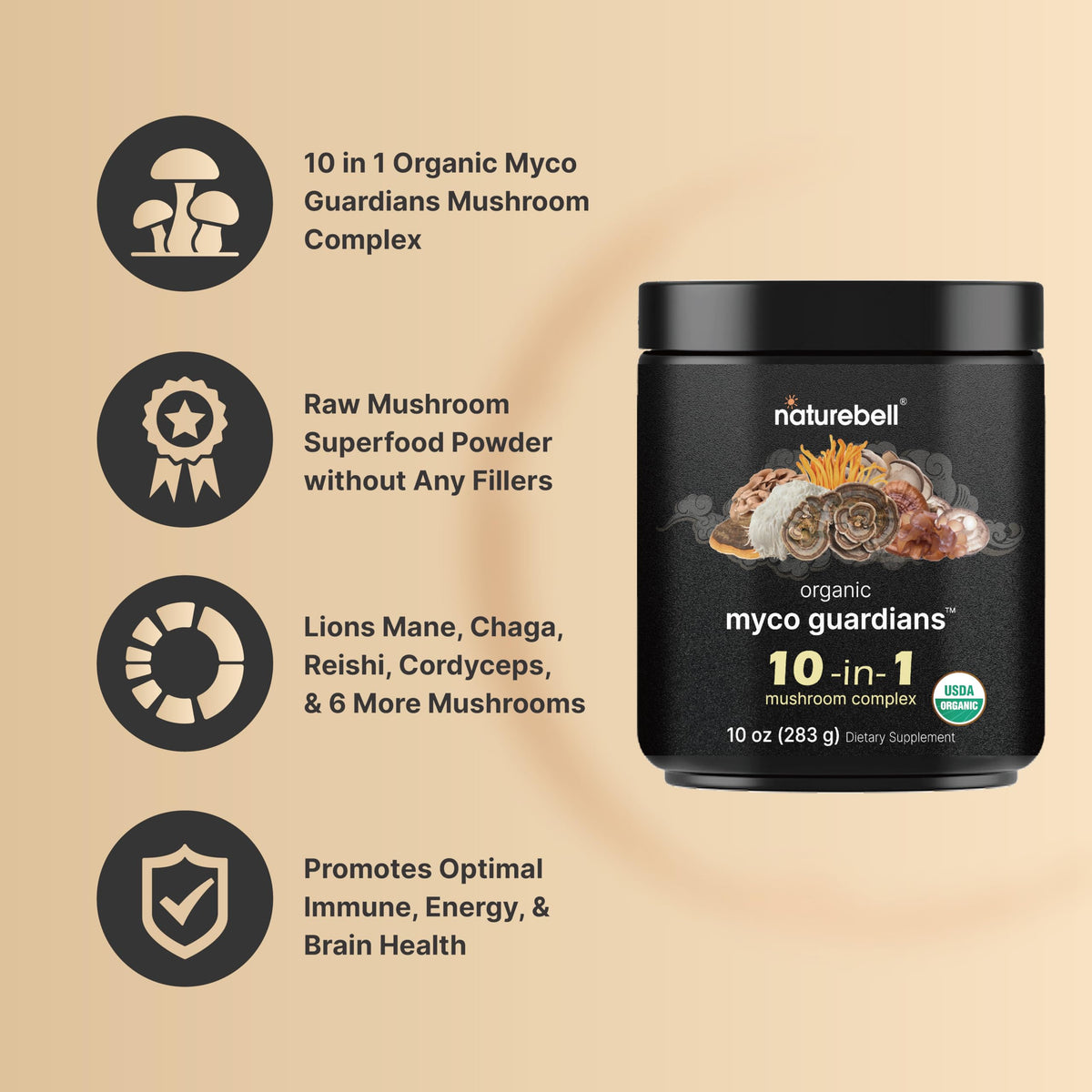 NatureBell Organic Mushroom Powder 10oz – 10-in-1 Adaptogenic Blend with Lion's Mane, Reishi & More