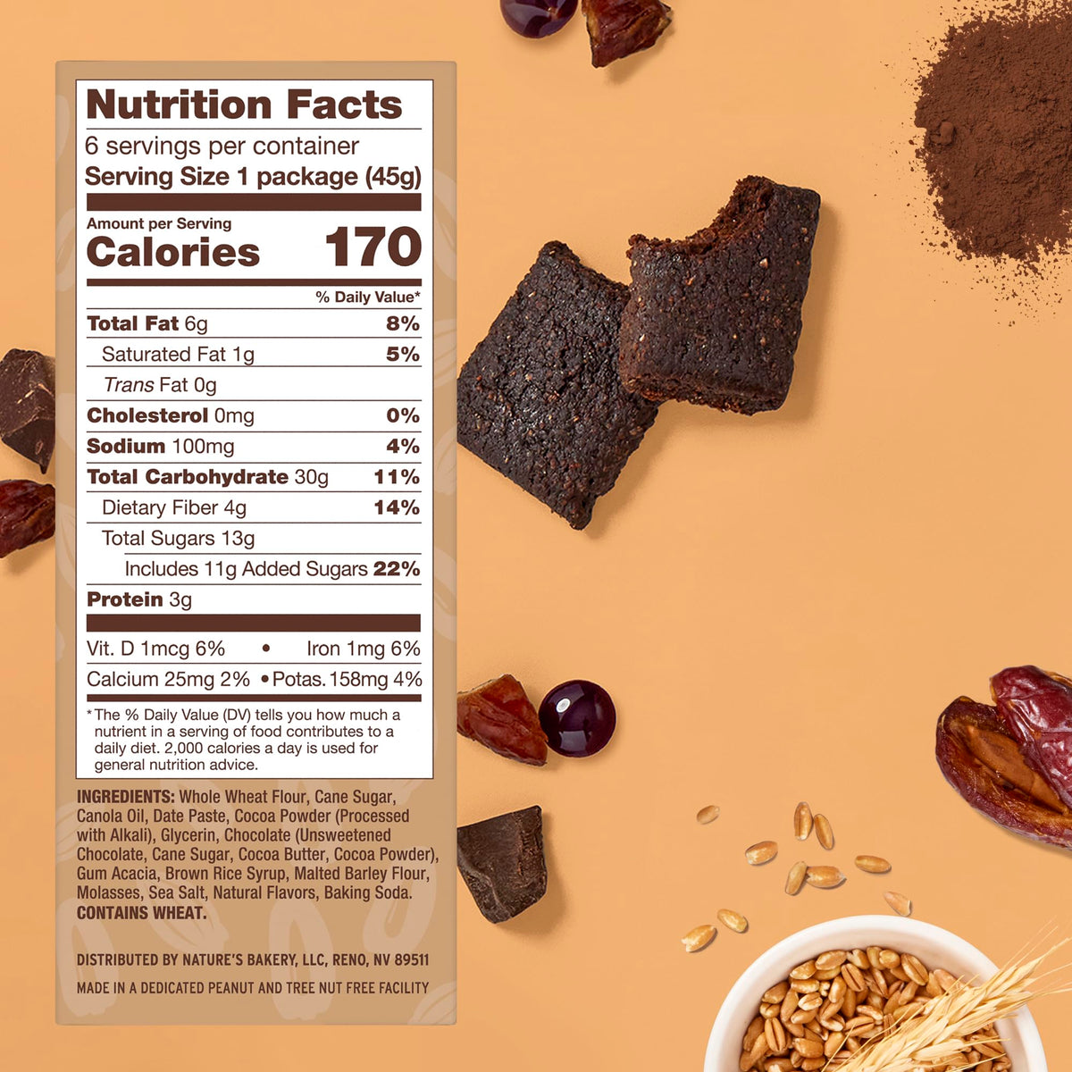 Nature's Bakery Double Chocolate Brownie Bars — Plant-Based, Dairy-Free, Whole Grains & Dates, 6 Pack