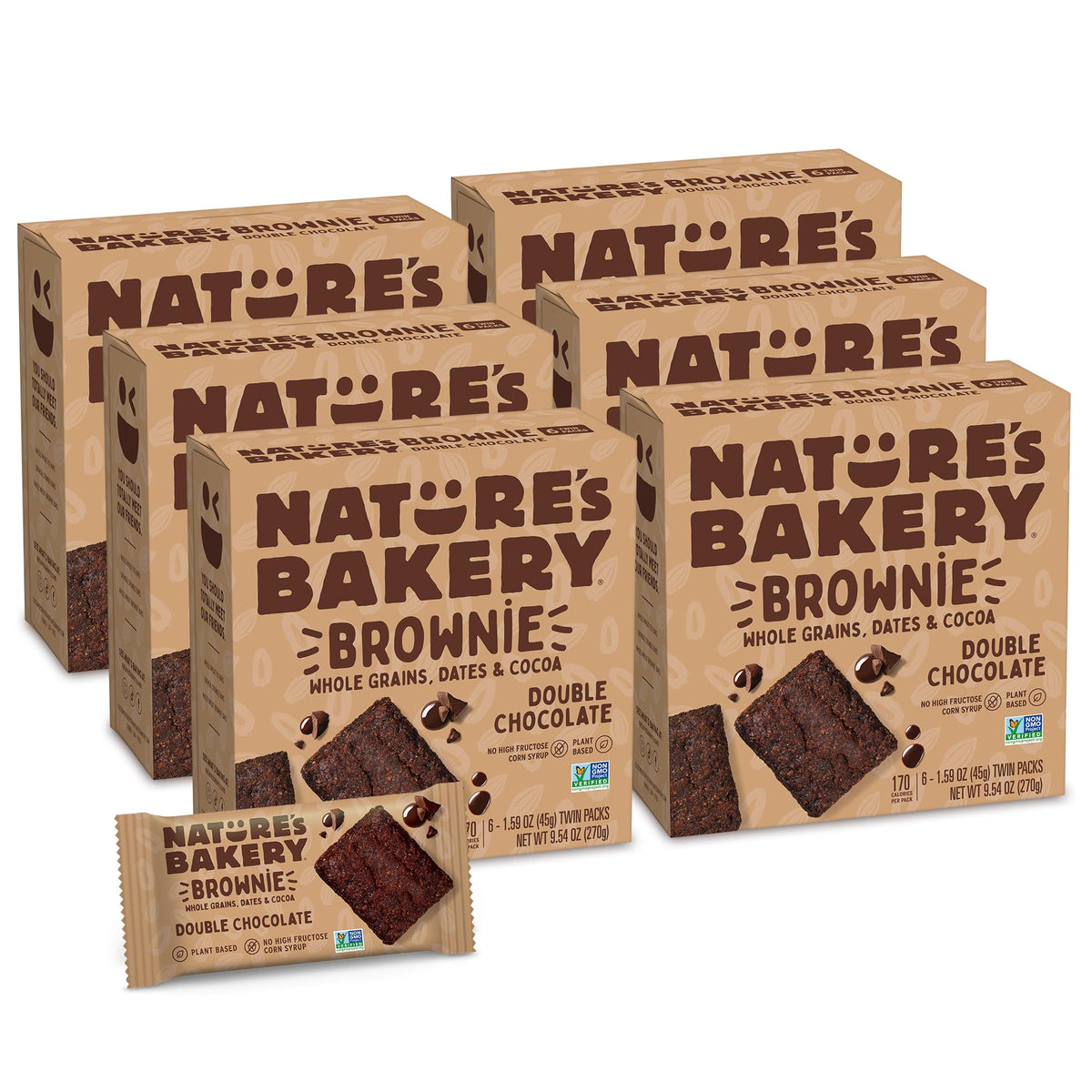 Nature's Bakery Double Chocolate Brownie Bars — Plant-Based, Dairy-Free, Whole Grains & Dates, 6 Pack
