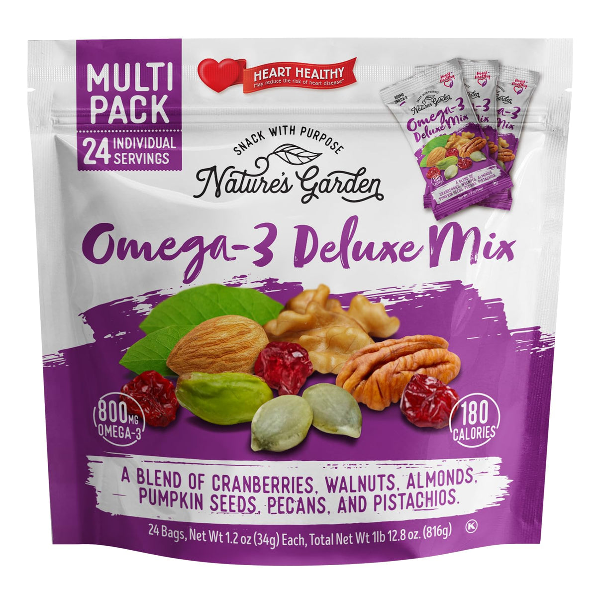 Nature's Garden Omega 3 Deluxe Mix – Trail Mix Nuts, Gluten Free, 1.2 oz Bags (24 Servings)