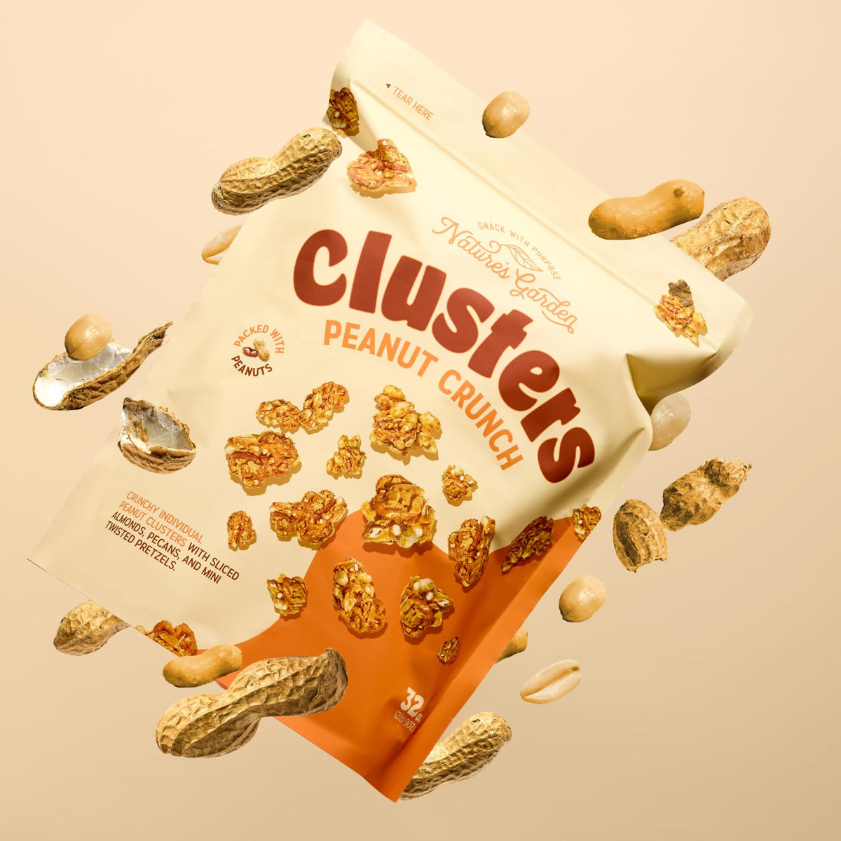 Nature's Garden Peanut Crunch Clusters – 32oz Pouch, Large Nut & Pretzel Snack Bites with Almonds & Pecans